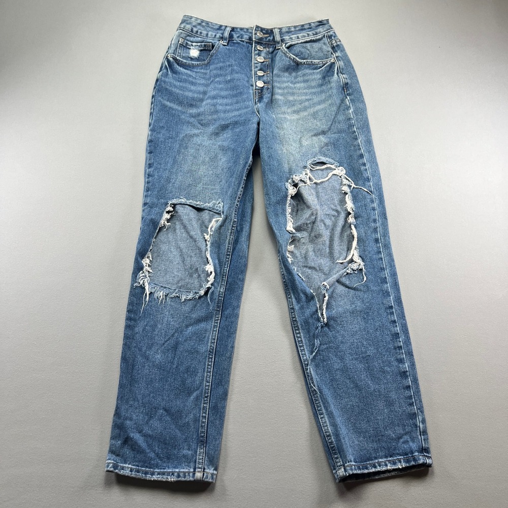 Angel Kiss Straight Jeans Womens 7/28 Blue Whisker Denim Distressed Streetwear